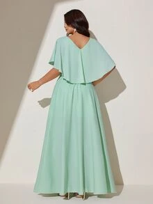 Viva Relle 大尺碼女款深V領A字長洋裝，荷葉邊下擺，短袖，適合戶外、派對、婚禮、優雅聚會 - 綠色 - 查看 2