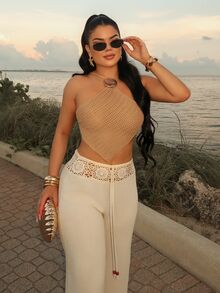 Dayanna Comas Women's Solid Color Asymmetric Hem Halter Neck Metal Decor Sleeveless Top - Camel - View 6