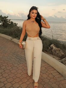 Dayanna Comas Women's Solid Color Asymmetric Hem Halter Neck Metal Decor Sleeveless Top - Camel - View 4