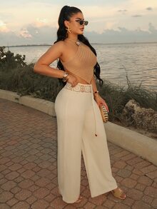Dayanna Comas Women's Solid Color Asymmetric Hem Halter Neck Metal Decor Sleeveless Top - Camel - View 5