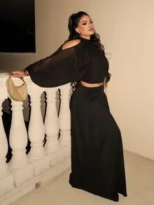Dayanna Comas 女士纯色立领露肩长袖短款时尚上衣，黑色雪纺上衣，性感女神风浪漫约会上衣 - 黑色 - 查看 7