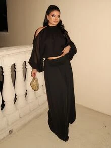 Dayanna Comas 女士纯色立领露肩长袖短款时尚上衣，黑色雪纺上衣，性感女神风浪漫约会上衣 - 黑色 - 查看 2