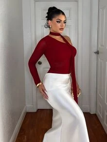 Dayanna Comas Women's Fashionable Elegant Solid Color Slim Fit One-Shoulder Top With Ribbon - Burgundy - View 4