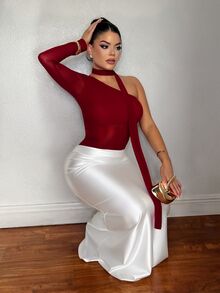 Dayanna Comas Women's Fashionable Elegant Solid Color Slim Fit One-Shoulder Top With Ribbon - Burgundy - View 6