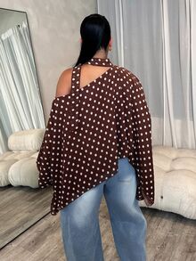 Dayanna Comas Polka Dot Asymmetric Shoulder Chiffon Blouse With Ribbon, Batwing Short Sleeve Chic Top, Office Siren Style For Dining & Formal Outings - Multicolor - View 2