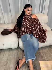 Dayanna Comas Polka Dot Asymmetric Shoulder Chiffon Blouse With Ribbon, Batwing Short Sleeve Chic Top, Office Siren Style For Dining & Formal Outings - Multicolor - View 6