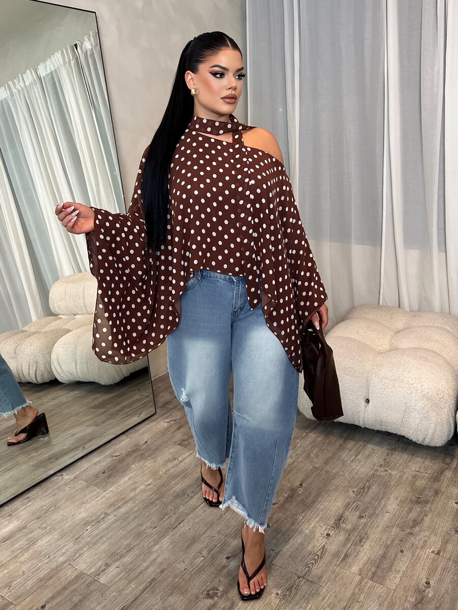 Dayanna Comas Polka Dot Asymmetric Shoulder Chiffon Blouse With Ribbon, Batwing Short Sleeve Chic Top, Office Siren Style For Dining & Formal Outings - Multicolor - View 1