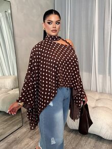 Dayanna Comas Polka Dot Asymmetric Shoulder Chiffon Blouse With Ribbon, Batwing Short Sleeve Chic Top, Office Siren Style For Dining & Formal Outings - Multicolor - View 5