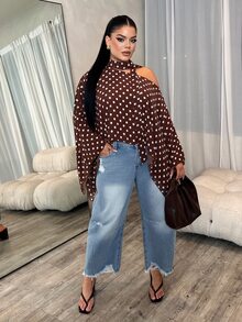 Dayanna Comas Polka Dot Asymmetric Shoulder Chiffon Blouse With Ribbon, Batwing Short Sleeve Chic Top, Office Siren Style For Dining & Formal Outings - Multicolor - View 3