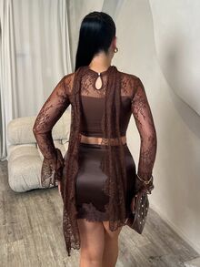 Dayanna Comas Dark Brown Autumn Seductive Date Women's Lace Patchwork Strapless Blouse,Long Flared Ruffle Sleeve,Front Fish Bone Line Divider,Halter Long Tie - Brown - View 2
