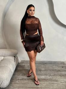 Dayanna Comas Dark Brown Autumn Seductive Date Women's Lace Patchwork Strapless Blouse,Long Flared Ruffle Sleeve,Front Fish Bone Line Divider,Halter Long Tie - Brown - View 1