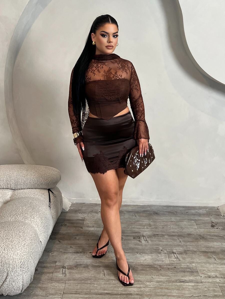 Dayanna Comas Dark Brown Autumn Seductive Date Women's Lace Patchwork Strapless Blouse,Long Flared Ruffle Sleeve,Front Fish Bone Line Divider,Halter Long Tie - Brown - View 1