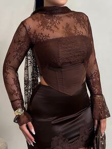 Dayanna Comas Dark Brown Autumn Seductive Date Women's Lace Patchwork Strapless Blouse,Long Flared Ruffle Sleeve,Front Fish Bone Line Divider,Halter Long Tie - Brown - View 3