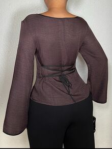 Dayanna Comas Women's Elegant Back Tie Waist Long Sleeve Shirt, Suitable For Commuting In Autumn Dark Brown Top Casual Classy Top - Brown - View 3