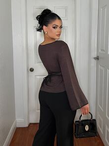 Dayanna Comas Women's Elegant Back Tie Waist Long Sleeve Shirt, Suitable For Commuting In Autumn Dark Brown Top Casual Classy Top - Brown - View 2
