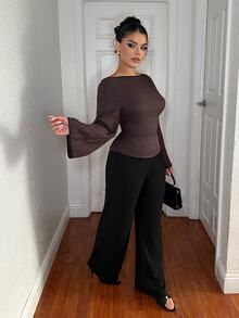 Dayanna Comas Women's Elegant Back Tie Waist Long Sleeve Shirt, Suitable For Commuting In Autumn Dark Brown Top Casual Classy Top - Brown - View 4