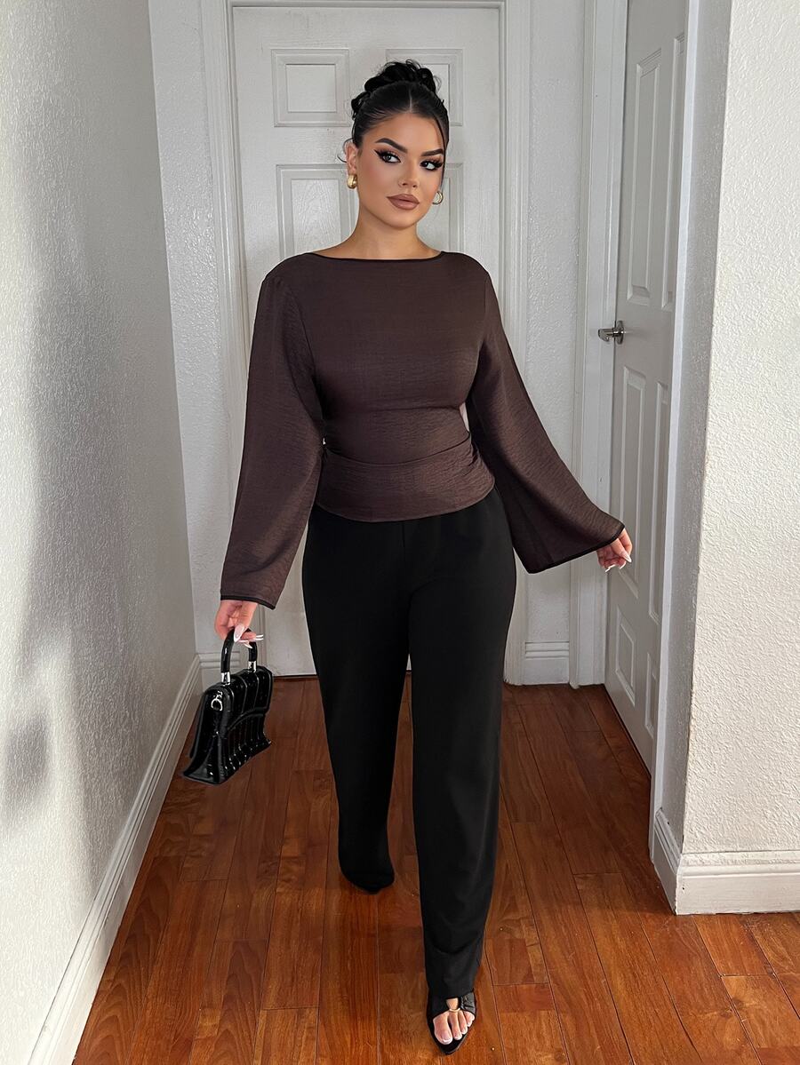 Dayanna Comas Women's Elegant Back Tie Waist Long Sleeve Shirt, Suitable For Commuting In Autumn Dark Brown Top Casual Classy Top - Brown - View 1