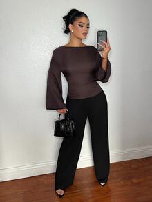 Dayanna Comas Women's Elegant Back Tie Waist Long Sleeve Shirt, Suitable For Commuting In Autumn Dark Brown Top Casual Classy Top - Brown - View 5