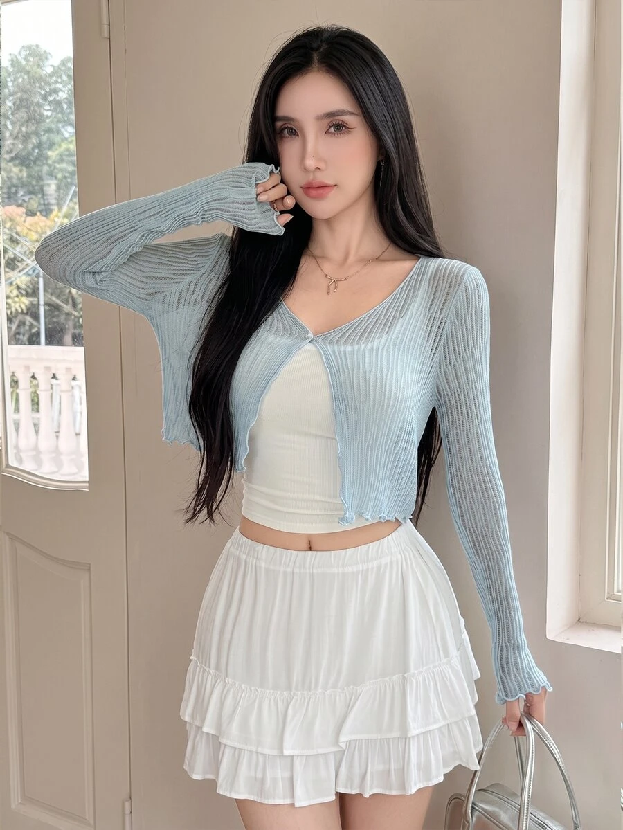 Tideelle Light Blue Soft Style Frill Trim Hollow Knit Cover Up For Women, Summer Lightweight Sun Protection Loose Fit Slimming Long Sleeve Outerwear