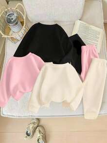SHEIN Playful Pals Baby Girls 3 Sets Bow Cherry Letter Print Crew Neck Sweatshirt & Sweatpants Long Sleeve Casual Soft Multi‑Color Fall Daily Clothes Cute - Multicolor - View 2