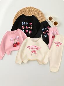 SHEIN Playful Pals Baby Girls 3 Sets Bow Cherry Letter Print Crew Neck Sweatshirt & Sweatpants Long Sleeve Casual Soft Multi‑Color Fall Daily Clothes Cute - Multicolor - View 1