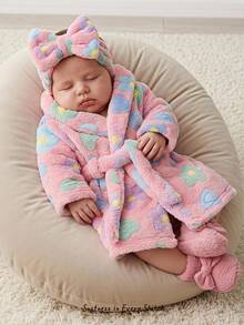 Cozy Pixies Newborn Baby Girl Thermal Lined Thick Crew Neck Long Sleeve Tie Front Robe, Versatile And Comfortable Autumn Winter - Baby Pink - View 1