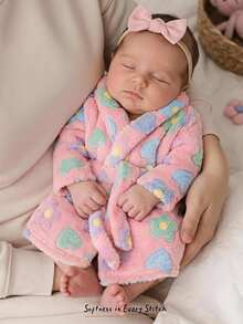 Cozy Pixies Newborn Baby Girl Thermal Lined Thick Crew Neck Long Sleeve Tie Front Robe, Versatile And Comfortable Autumn Winter - Baby Pink - View 7