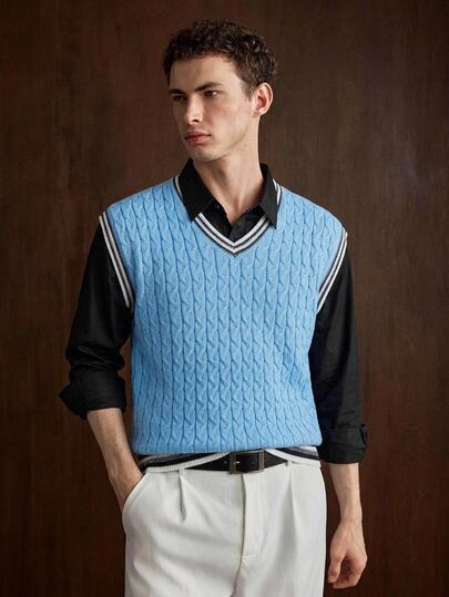 Manfinity CityGents Men's Colorblock Trim Knit Vest Holiday Festival Autumn Streetwear Winter
