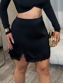 Dayanna Comas Satin Contrast Lace Trim Slit Sexy Elegant Fitted Women Skirt - Black - View 3