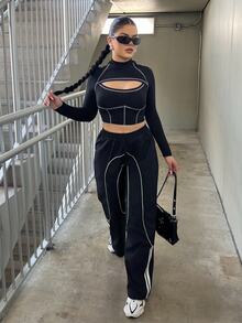 Dayanna Comas Girls Back To School Athleisure Woven Tape Black Wide Leg Sweatpants Joggers - Black - View 5
