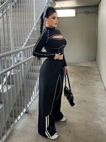 Dayanna Comas Girls Back To School Athleisure Woven Tape Black Wide Leg Sweatpants Joggers - Black - View 4