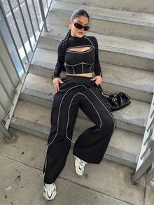 Dayanna Comas Girls Back To School Athleisure Woven Tape Black Wide Leg Sweatpants Joggers - Black - View 6