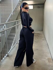Dayanna Comas Girls Back To School Athleisure Woven Tape Black Wide Leg Sweatpants Joggers - Black - View 2