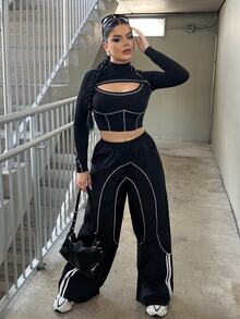 Dayanna Comas Girls Back To School Athleisure Woven Tape Black Wide Leg Sweatpants Joggers - Black - View 1