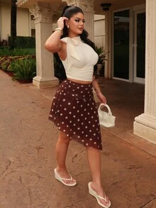 Dayanna Comas 女士波点不对称下摆休闲百搭约会外出半身裙 - 棕色 - 查看 4