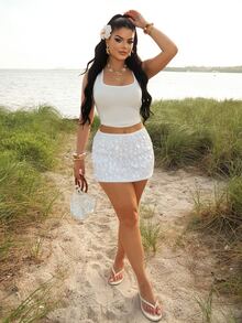 Dayanna Comas Women's Fashionable Party Sequin Mini Skirt, Summer White Party Short Skirt - White - View 2