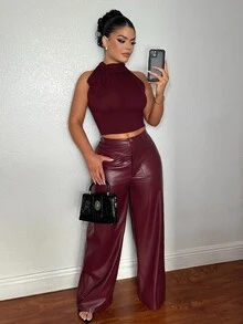 Dayanna Comas Women's Vintage Pu Leather Pants - Burgundy - View 6