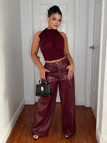 Dayanna Comas Women's Vintage Pu Leather Pants - Burgundy - View 5
