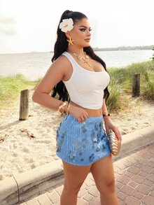 Dayanna Comas Rok Mini Pinggang Rendah dengan Hiasan Manik-Manik Biru dan Payet, Serbaguna untuk Festival Musik, Liburan Musim Panas dan Musim Semi, Gaya Jalanan yang Modis - Biru - View 6