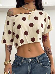 Coolane Women's Polka Dot Asymmetric Neck Casual Daily T-Shirt - Yellow - View 1