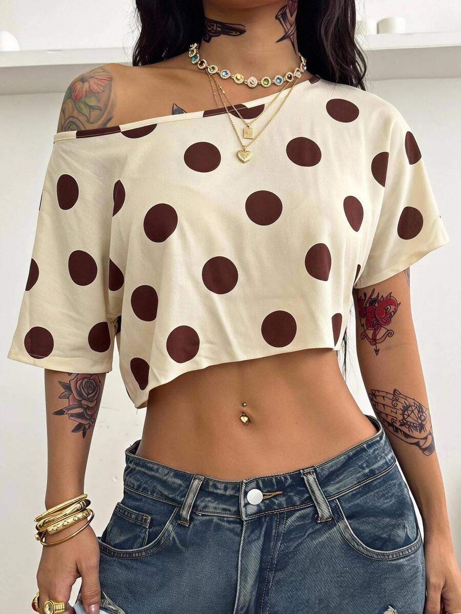 Coolane Women's Polka Dot Asymmetric Neck Casual Daily T-Shirt - Yellow - View 1