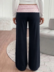 青少年女孩波點拼接咖啡色休閒長褲 - 藍色 - 查看 4