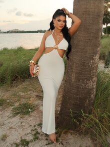 Dayanna Comas Women's Sexy Beach Vacation Deep V Metal Shell Decor Halter Backless Fitted Long Dress, Blue - White - View 1