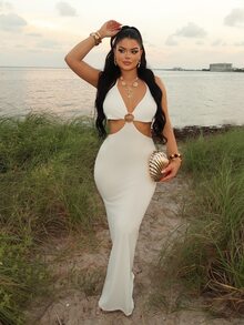 Dayanna Comas Women's Sexy Beach Vacation Deep V Metal Shell Decor Halter Backless Fitted Long Dress, Blue - White - View 3