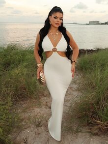 Dayanna Comas Women's Sexy Beach Vacation Deep V Metal Shell Decor Halter Backless Fitted Long Dress, Blue - White - View 6