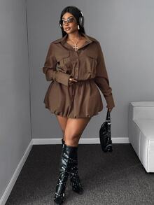 Mawevolt 2pcs/Set Women Plus Size Casual Collared Jacket And High Waist Pleated Skirt, Autumn/Winter Fall - Brown - View 6