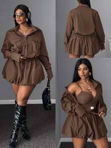 Mawevolt 2pcs/Set Women Plus Size Casual Collared Jacket And High Waist Pleated Skirt, Autumn/Winter Fall - Brown - View 1