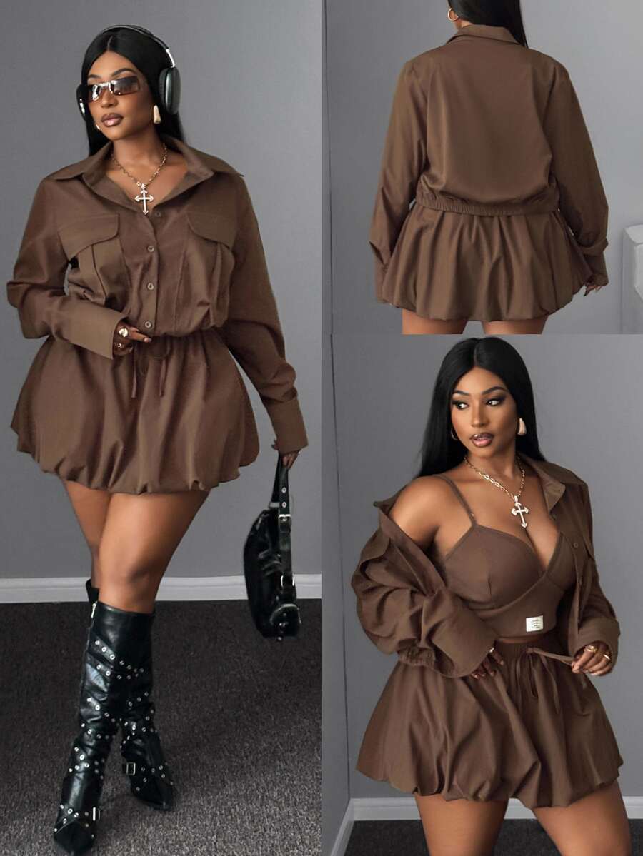 Mawevolt 2pcs/Set Women Plus Size Casual Collared Jacket And High Waist Pleated Skirt, Autumn/Winter Fall - Brown - View 1