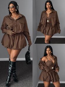 Mawevolt 2pcs/Set Women Plus Size Casual Collared Jacket And High Waist Pleated Skirt, Autumn/Winter Fall - Brown - View 10
