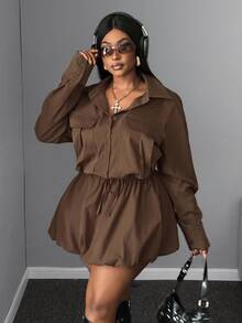 Mawevolt 2pcs/Set Women Plus Size Casual Collared Jacket And High Waist Pleated Skirt, Autumn/Winter Fall - Brown - View 5
